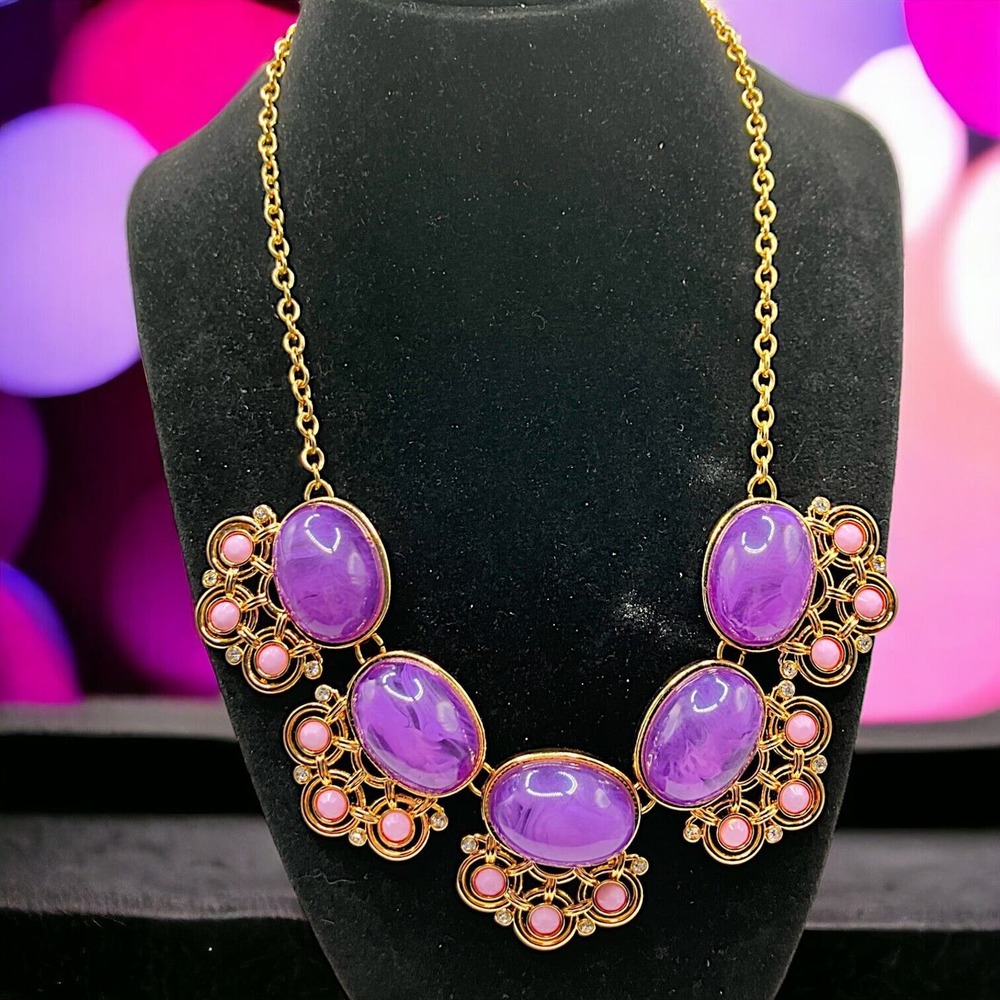 NWT New York & Company Purple Gold-Tone Faceted Large Statement Necklace!